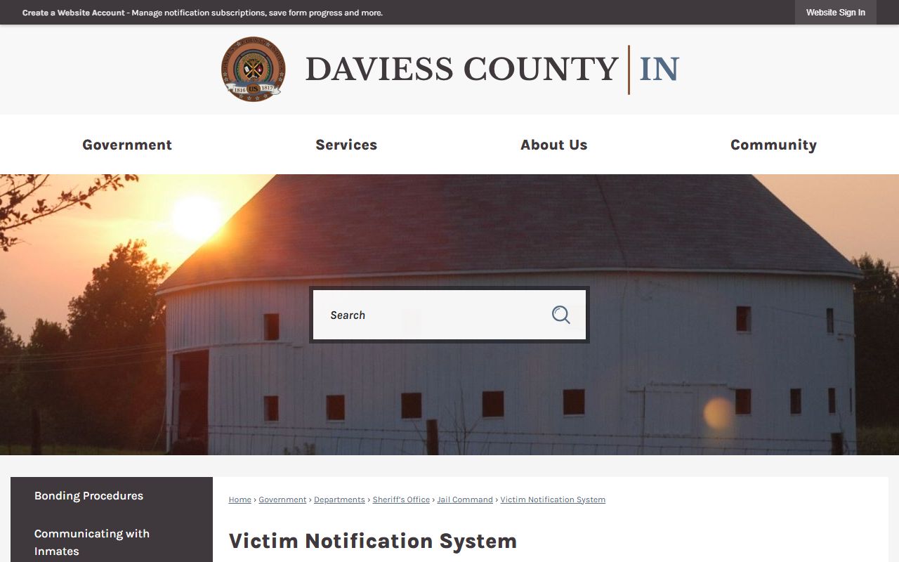 Daviess County inmate population VINE custody notification page